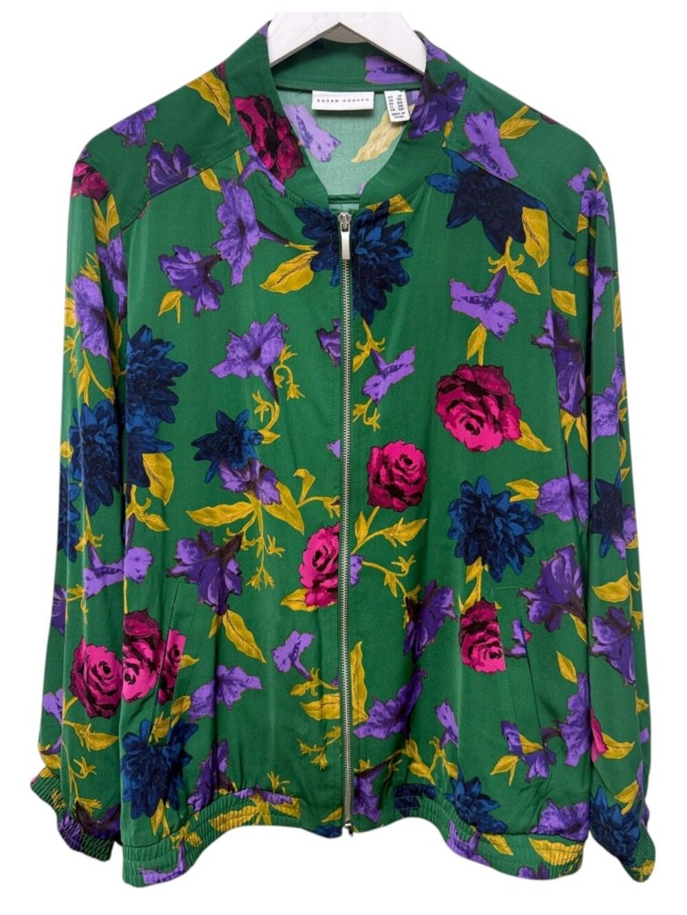 SUSAN GRAVER Jacket Plus Size 2X Green Floral Roses Bomber Zip Front Womens
